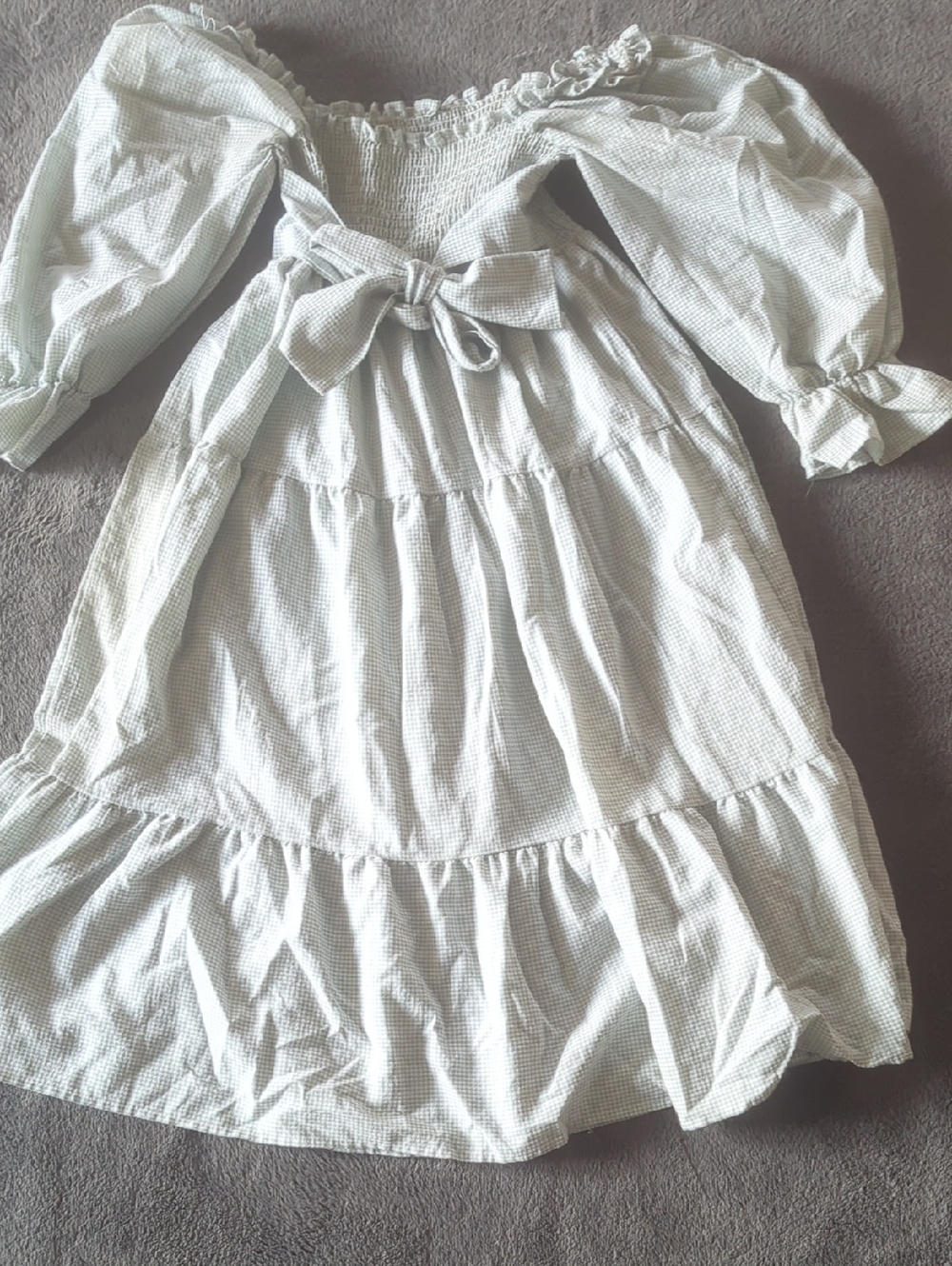Smocked Bodice Puff Sleeve Mini Dress - Light Mint Gingham
